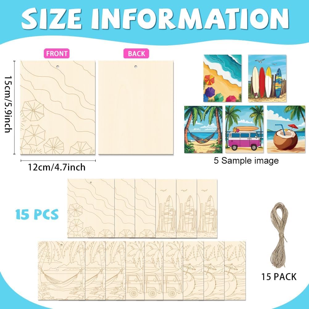 15 Pcs Wooden Beach Cutouts for DIY Craft | Unfinished Wood Slices 5.9 x 4.7 Inch