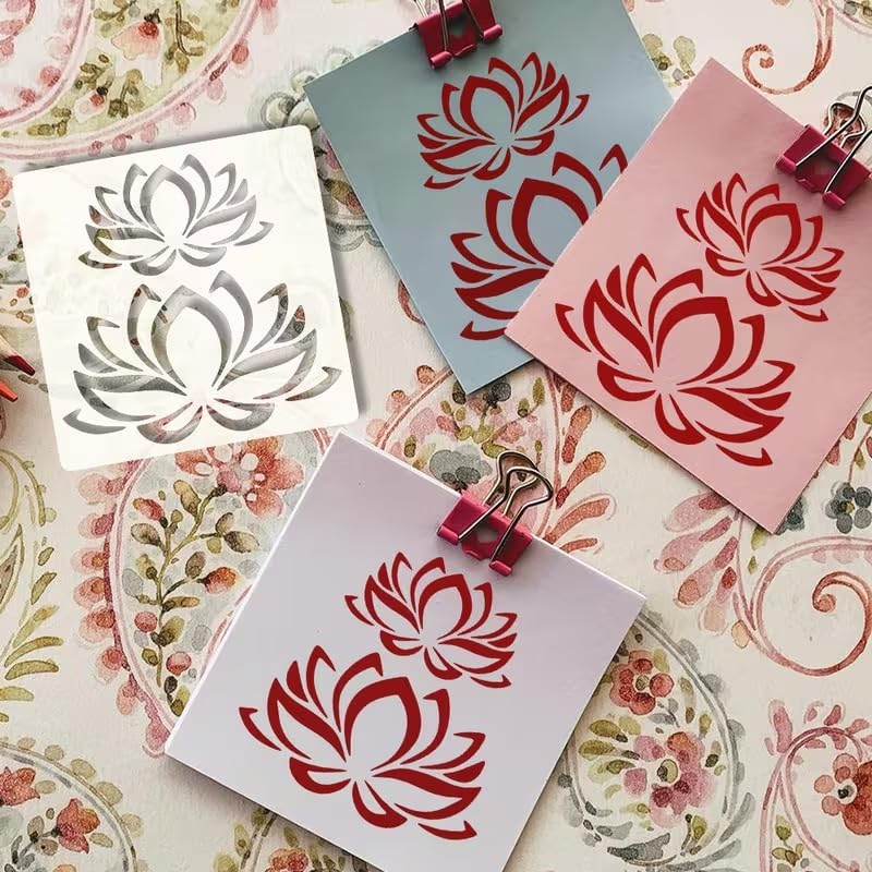 Lotus Stencil Template 6x6 Inch | Oriental Floral Lotus Design | DIY Craft Hollow Board for Painting