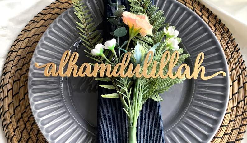 Haoser Wood Cutout Table Place Card Gather Wood Word Table Decorations, Blessings Place Cards Elegant Islamic Event Decor for Weddings, Parties, and Special Occasions - Haoser