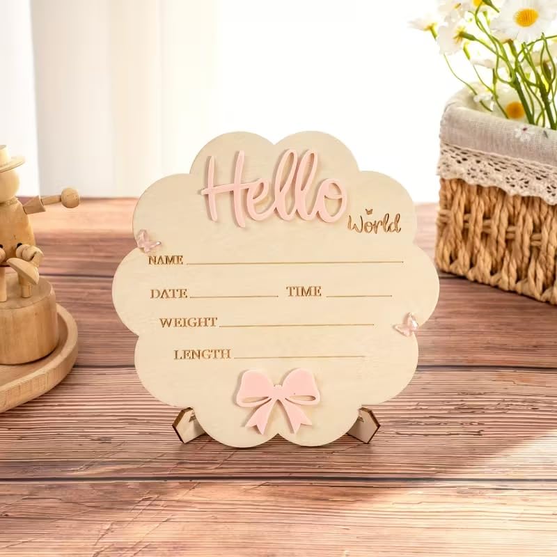 Floral Hello World Birth Announcement Board – MDF Newborn Photography Prop | Round Baby Milestone Sign
