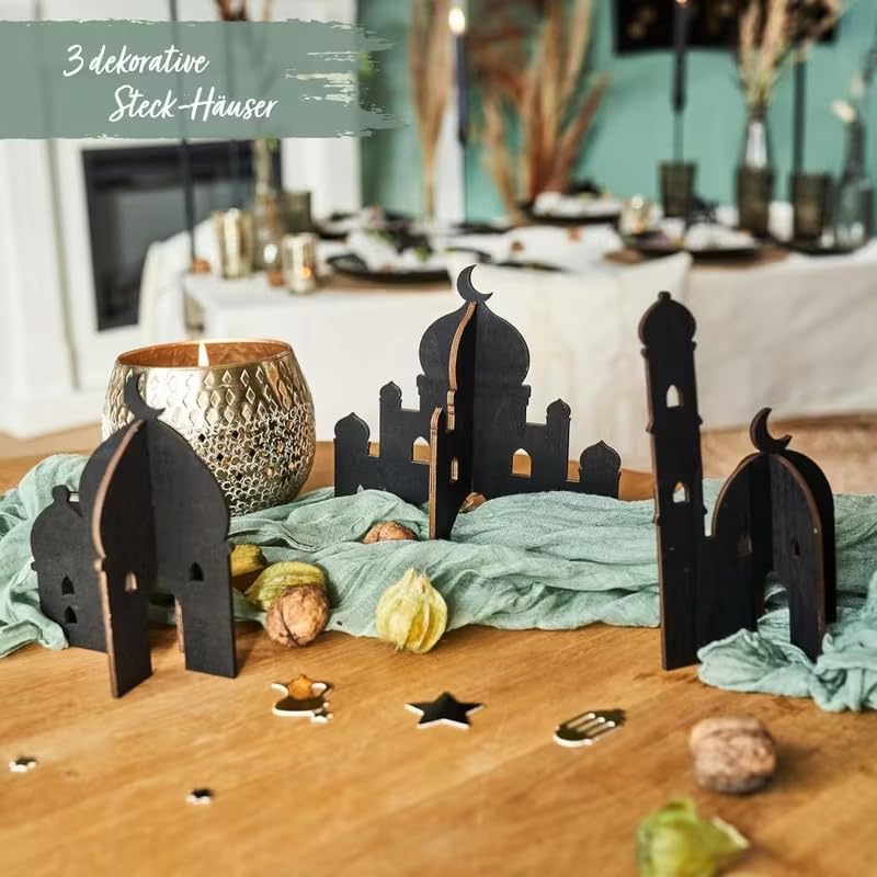 Ramadan Wooden Mosque Tabletop Decor Set | Plug-Together Islamic Centerpiece for Eid Mubarak