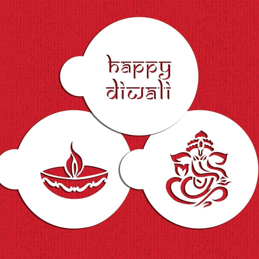 3 Pcs Diwali Cookie Stencil Set – Happy Diwali, Diya & Ganesha Design | Reusable