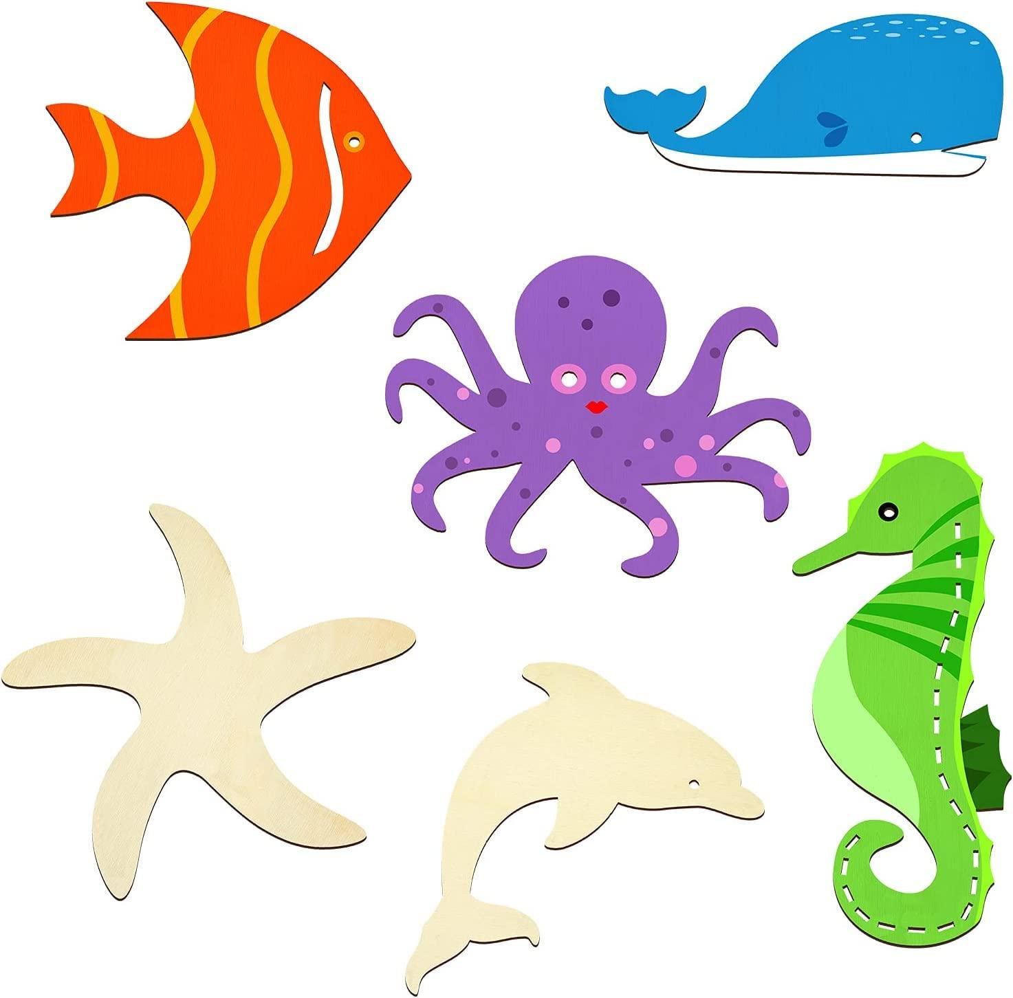 Haoser Unfinished Wood Cutouts Ocean Animals Wooden Paint Crafts for Kids Home Decor Ornament DIY Craft Art Project, Octopus, Shark, Whale, Dolphin, Seahorse, Fish Shape (Pack of 14) - Haoser