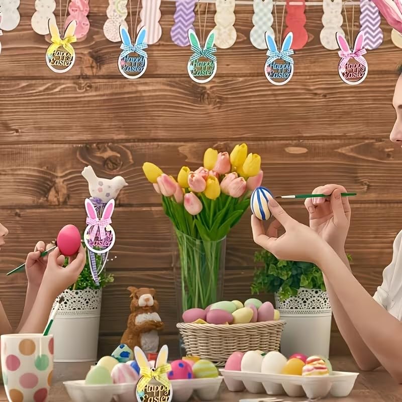 10 Pcs DIY Wooden Easter Egg Ornaments for Painting – 3 Inch Blank Easter Egg Rabbit Cutouts