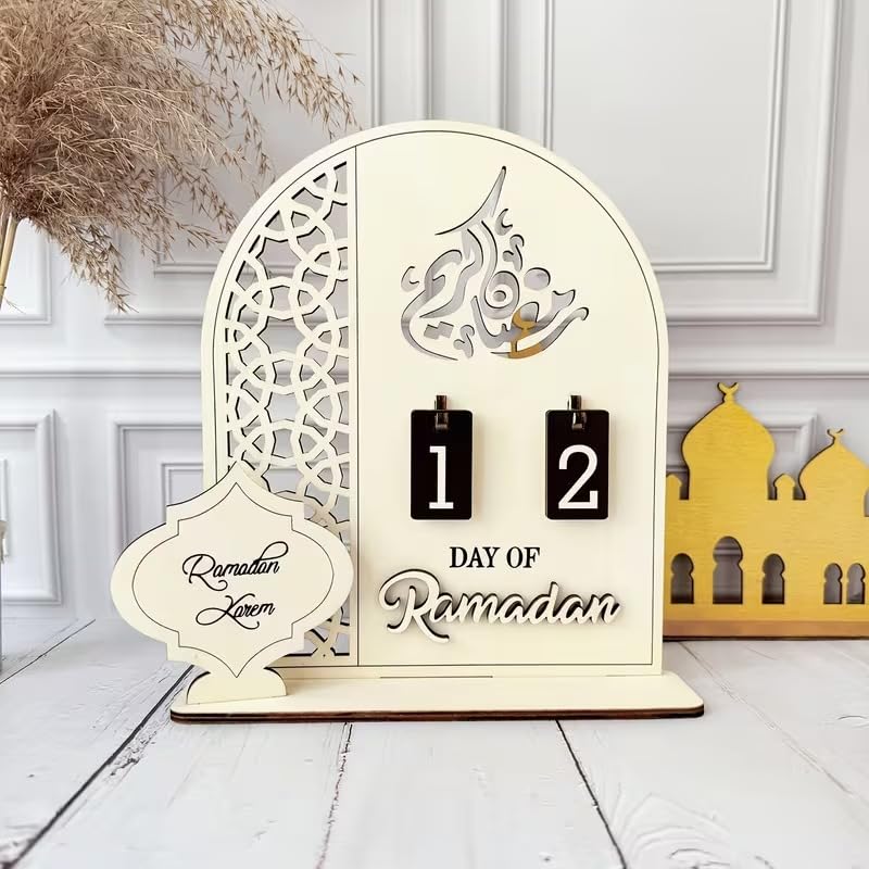 Wooden Ramadan Countdown Calendar Set | Ramadan Kareem Flip Numbers Tabletop Decor