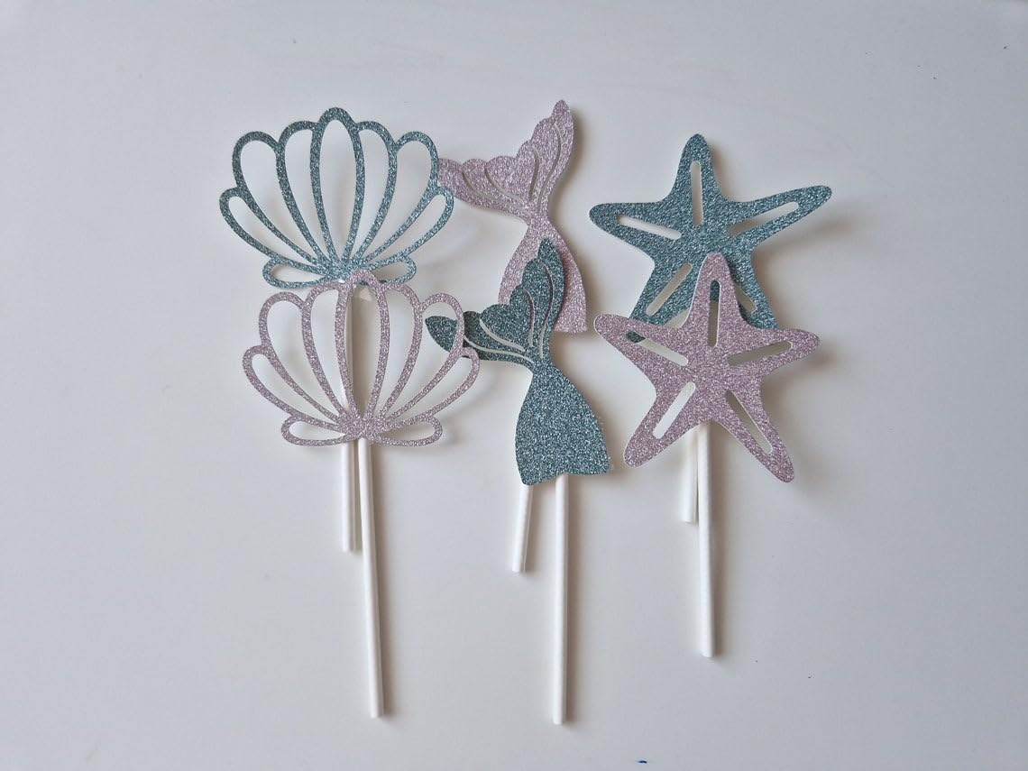 Set of 6 Mermaid Tail Cupcake Toppers for Girls Birthday | Magical Under The Sea Cake Decorations