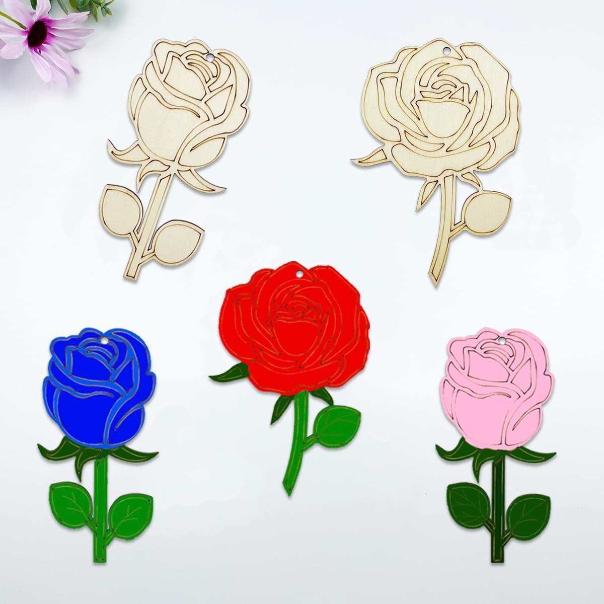 20 Pack Wooden Rose Cutouts for DIY Craft | 4 Inch Flower Shapes (2 Styles) | Unfinished Wood Rose Hanging