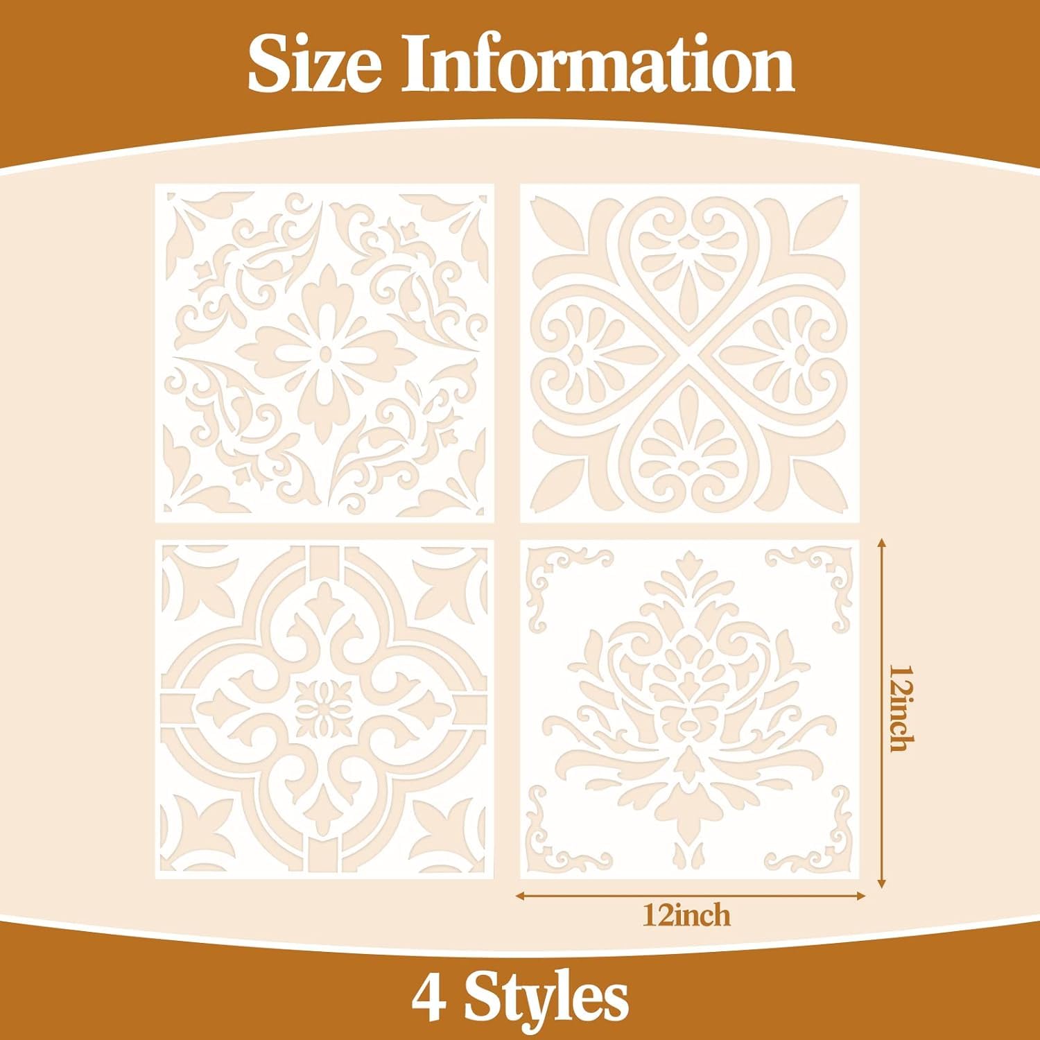 4 Pieces Reusable Plastic Tile Stencil Set 12x12 Inch | Flower Style Wall & Floor Stencils | DIY Craft, Scrapbook, Wood, Home Decor Templates