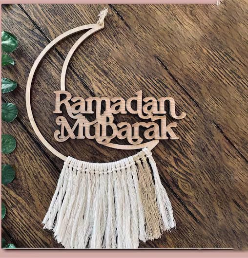 Haoser Macrame DIY Ramadan Decorations for Home, Boho Islamic Home Décor Macrame Door Hanging Item,Eid Mubarak Wall Hanging-10 Inch-1 pc