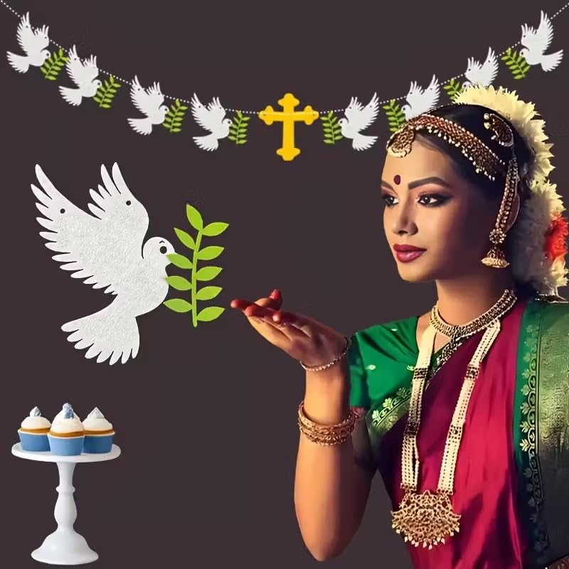 9 Pcs Religious Decor Yellow Cross & Olive Branch Dove Wreaths | Felt Fabric White Dove Hanging Decorations