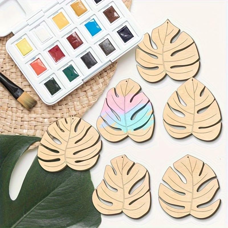 6 Pcs Palm Leaf MDF Wooden Hanging Cutouts with Rope | Tropical Leaf Craft Ornaments