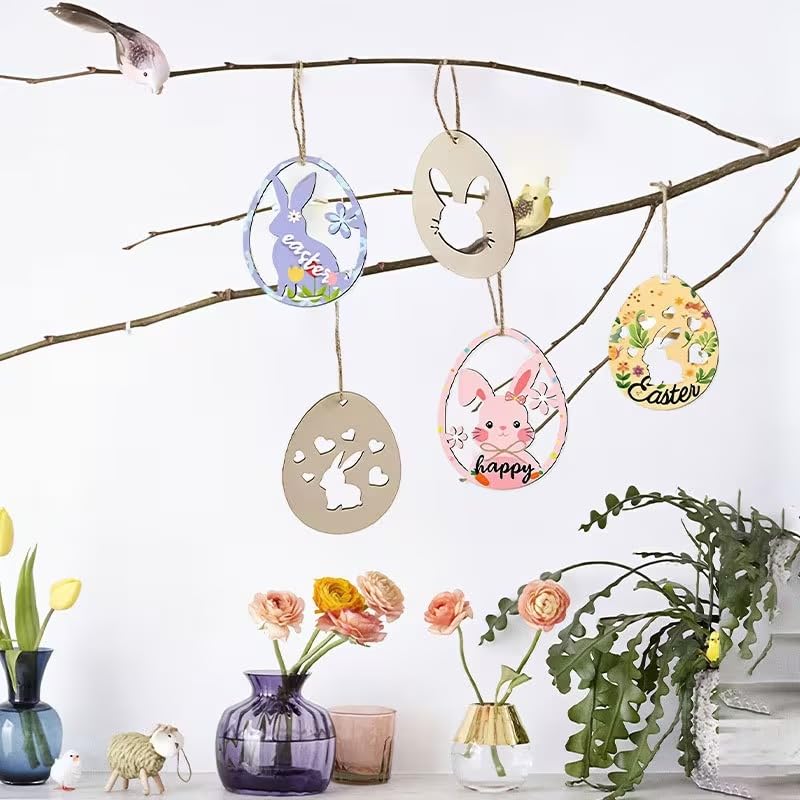 12 Pcs Wooden Easter Hanging Ornaments Set – Unfinished DIY Easter Egg & Bunny Cutouts with Hanging Rope