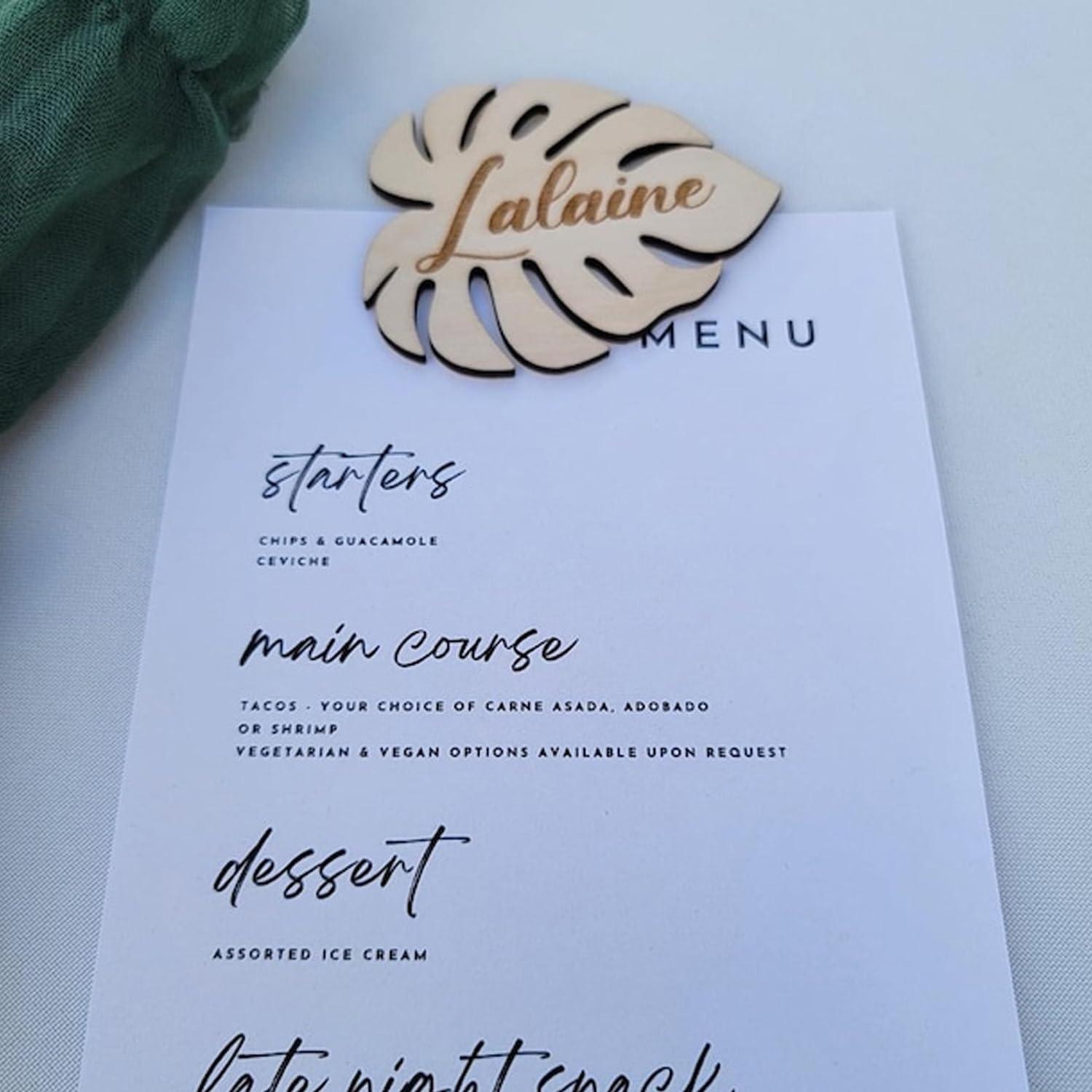 Curious Button Unfinished Wooden Custom Name Leaf Shape Place Card For Gift, MDF 3mm, Birthday Gifts, Tropical Wedding Table Seating Decoration, Customize Name Font (7 cm) - Haoser