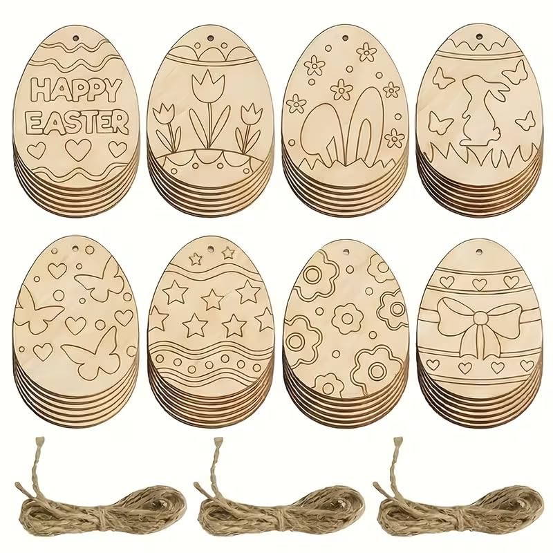 10 Pcs Easter Wooden Egg Ornaments Set | Blank Egg Shaped Wooden Cutouts with Rope for DIY Painting