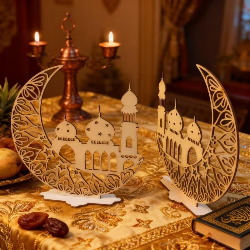 Ramadan Moon Wooden Ornament | Islamic Star & Moon Desktop Decor | Eid Mubarak Home Decoration