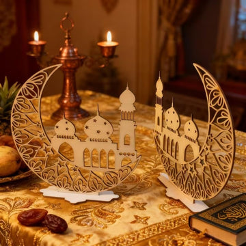 Ramadan Moon Wooden Ornament | Islamic Star & Moon Desktop Decor | Eid Mubarak Home Decoration