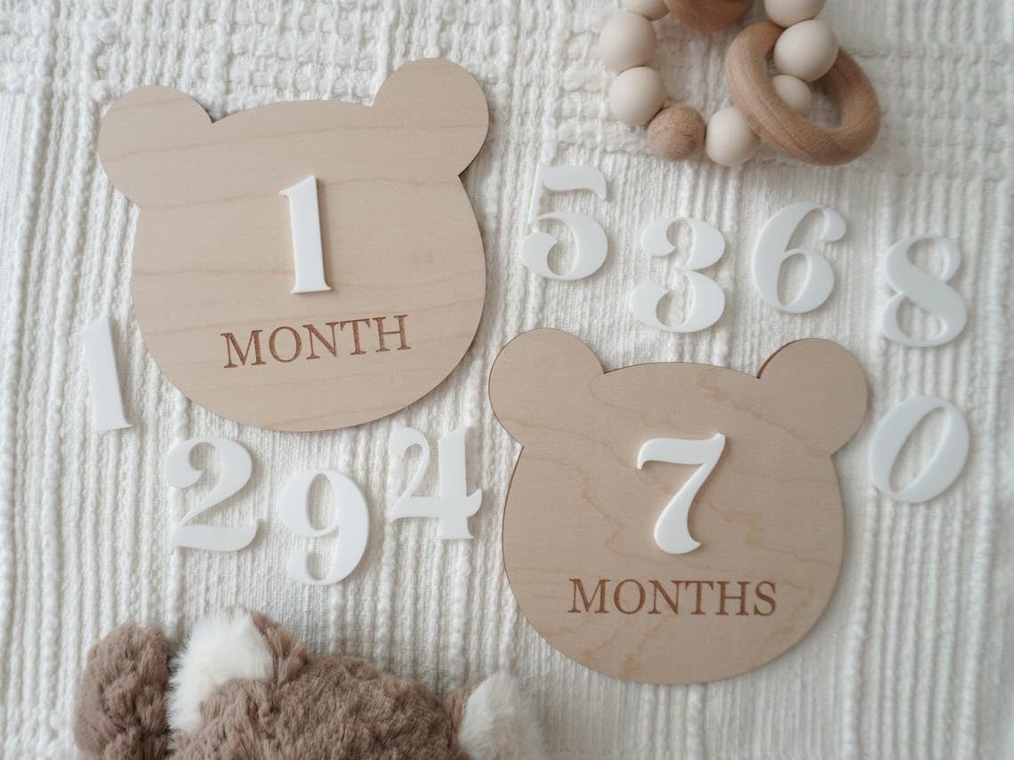Teddy Bear Monthly Milestone Set, Baby Photo Prop, Wooden Baby Milestone