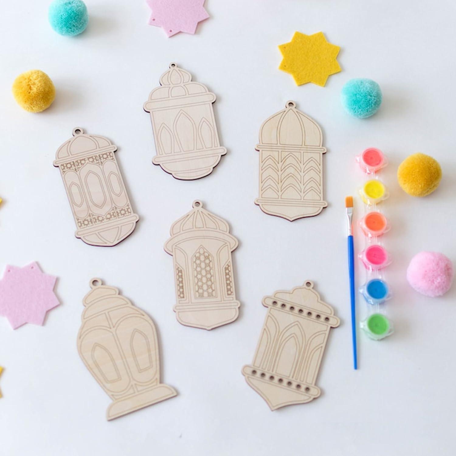 Curious Button Unfinished Wooden DIY Craft Banner Lantern Shape, Paint Your Own Lanterns, Eid Gifts Wooden Decorative Items, Ramadan Wooden DIY Craft Lantern Cutouts - Haoser