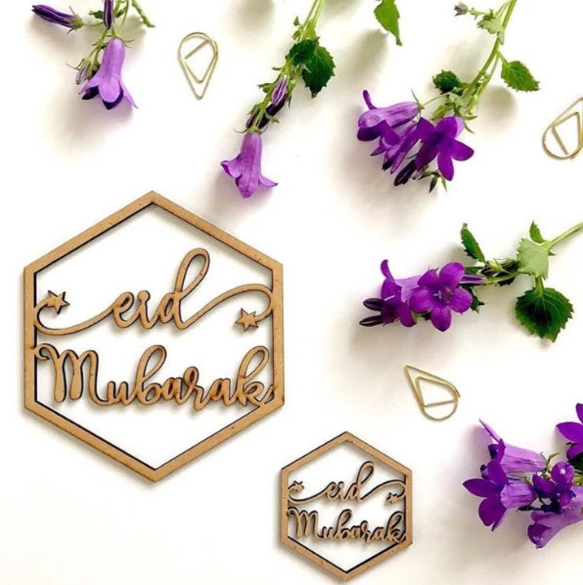 Curious Button Pack of 6 pcs Hexagon Eid Mubarak Hanging Ornaments Decorations Sign Ramadan Kareem Sign Blessed Ramadan Sign Eid Mubarak Islamic Gifts Islamic Wooden Signs.