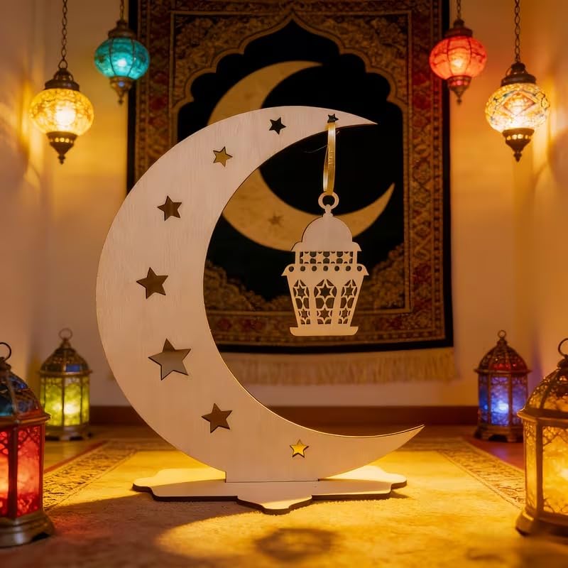Wooden Moon & Star Tabletop Decor | Ramadan Eid Al-Fitr Islamic Ornaments with Lantern Hanging