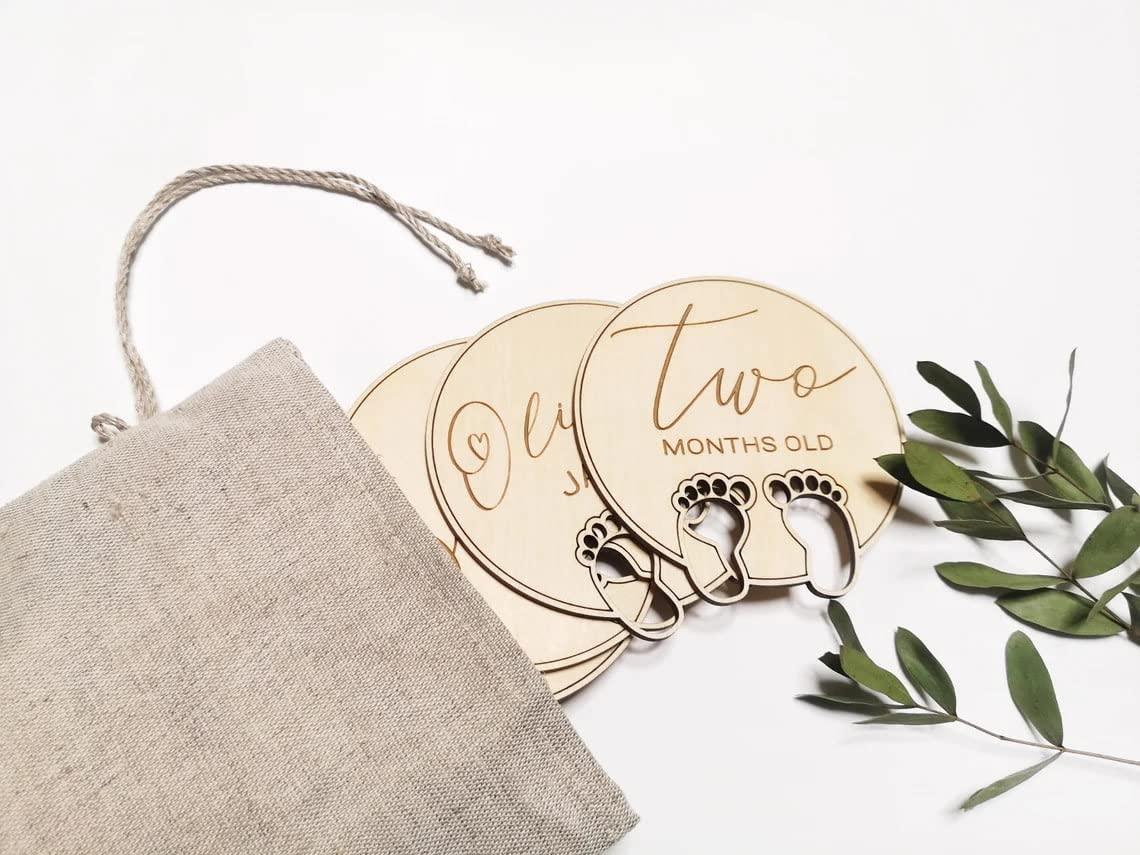 Haoser Milestone Cards for New Born Baby, Wooden Monthly Baby Milestone Markers, Unique Baby Gift, Milestone Photo Cards, 1-12 Months Wood Milestone Disc Set - Haoser