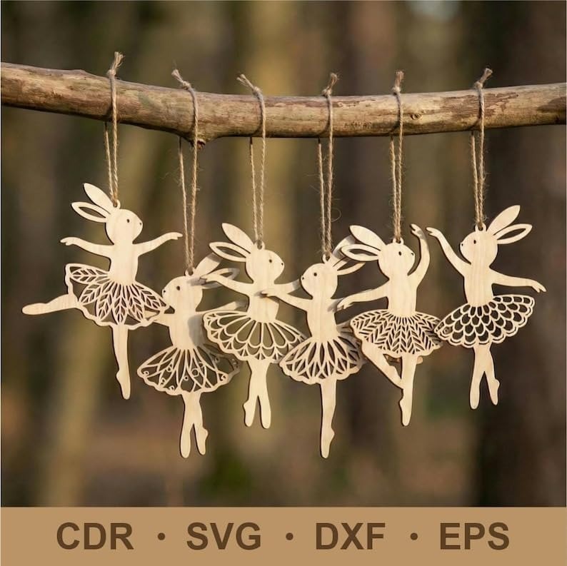 Pack of 6 Easter Ballerina Bunny Ornaments, Wooden Hanging Decorations Itmas, Home Decortion Cutouts, 4 Inch, (1 Pcs Each