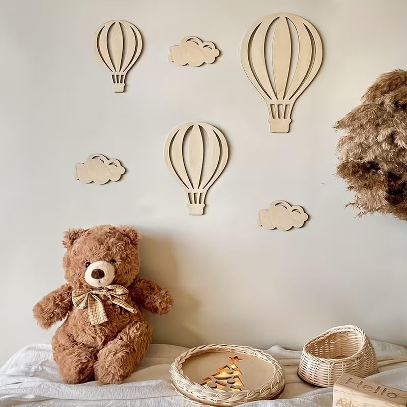 6 Pcs Hot Air Balloon Wooden Wall Decor Set | Pine MDF Nursery Wall Stickers | Balloon & Cloud Wooden Wall Art for Kids Room