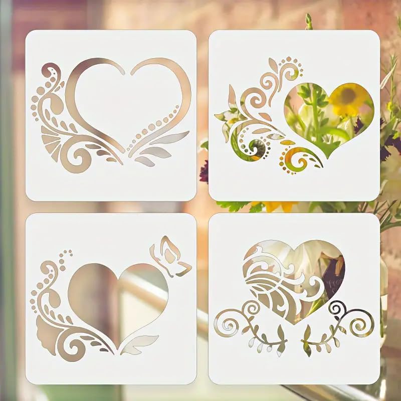 4 Pcs Heart-Themed Patterns Wall Stencils Template – Reusable Spray Paint Stencils for Craft Painting