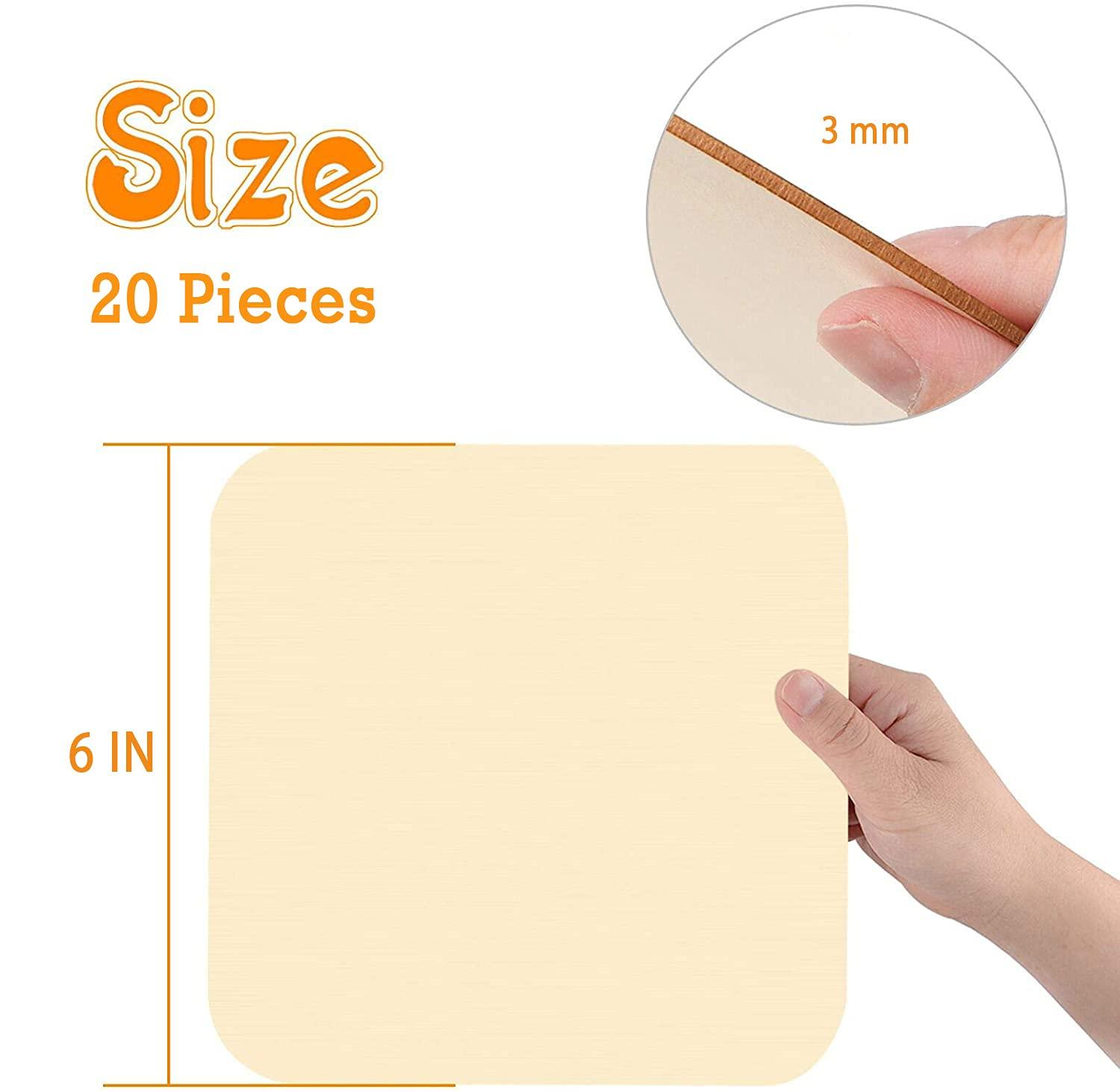 Haoser 20 Pieces 6 Inches Unfinished Wood Pieces Square Blank Round Corners Wooden Sheets for DIY Arts Craft Project - Haoser