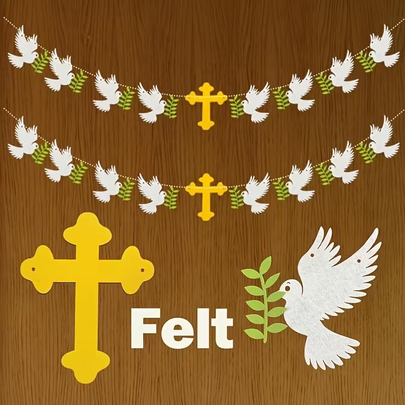 9 Pcs Religious Decor Yellow Cross & Olive Branch Dove Wreaths | Felt Fabric White Dove Hanging Decorations