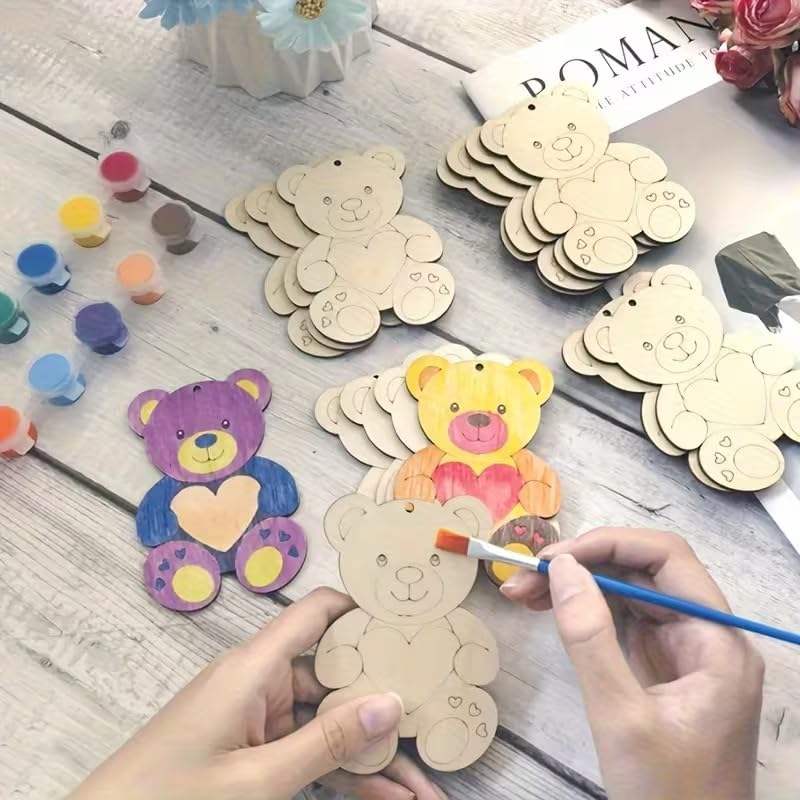 12 Pcs Light Yellow Wooden Heart-Shaped Bear Cutouts