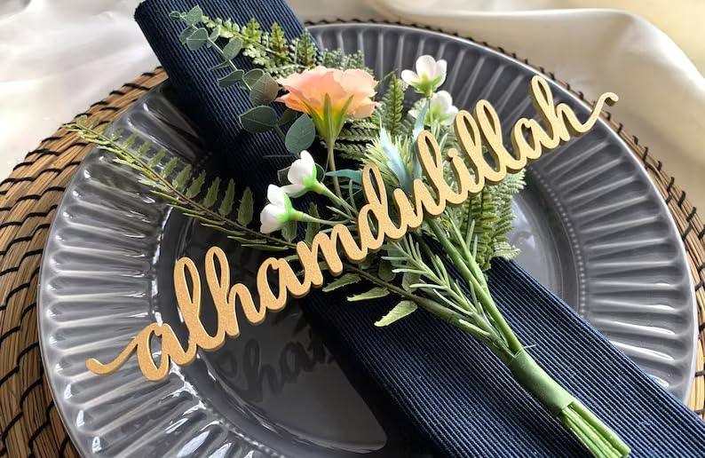 Haoser Wood Cutout Table Place Card Gather Wood Word Table Decorations, Blessings Place Cards Elegant Islamic Event Decor for Weddings, Parties, and Special Occasions - Haoser