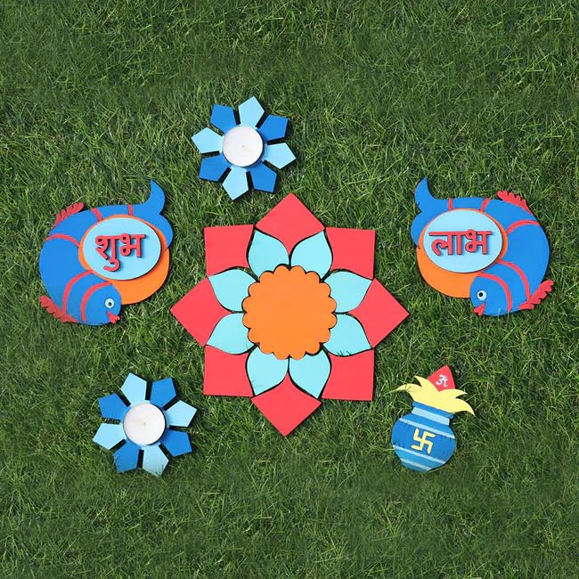 6 Pcs Wooden DIY Diwali Kit – Unfinished Wooden Rangoli 6 Inch, Subh Labh, Kalash, Candle Holder 4 Inch