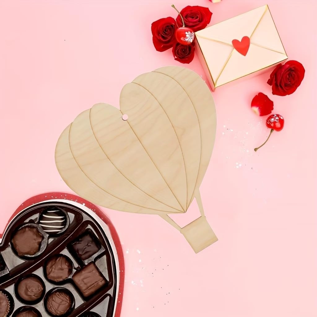 10 Pcs Wooden Heart Hot Air Balloon Hanging Cutouts | Pine MDF Craft Shapes