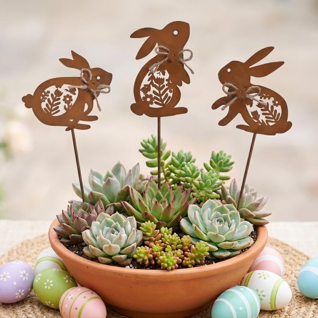 Pack of 6 Easter Bunny Garden Stakes Rust Look Rabbit Garden Decoration