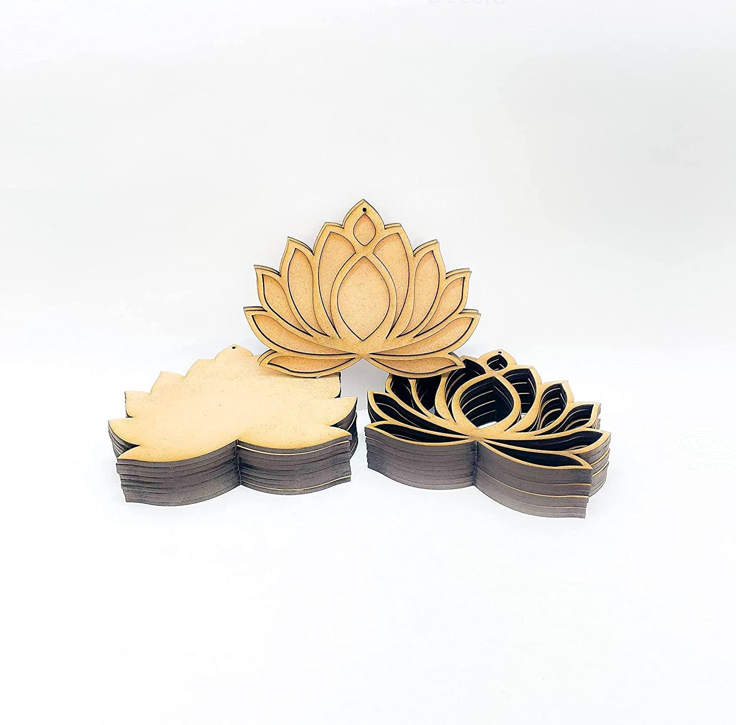 Haoser Wooden Lotus Cutout for Festival Decorations | Floor Decoration Reusable Rangoli for Puja Function (Pack of 5 Length: 4 in Width: 3 in) - Haoser