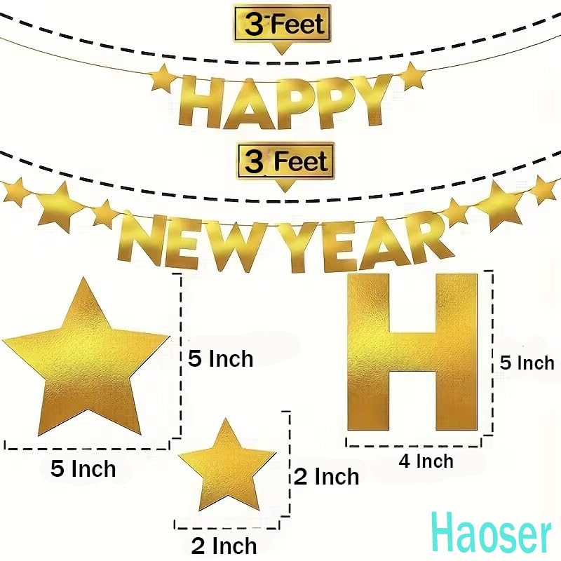 Golden Happy New Year Banner – Paper Party Decoration, 6 Ft Festive Hanging with Golden Stars & Happy New Year Letters, Easy Adhesive Hanging Strips, Durable Indoor Outdoor Celebration Décor