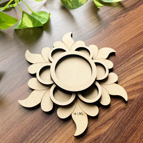 2 Pcs Wooden MDF Tea Light Holder 4x4 Inch – 3 Layered Nested Motif Design for Home Decor, Diwali Decoration
