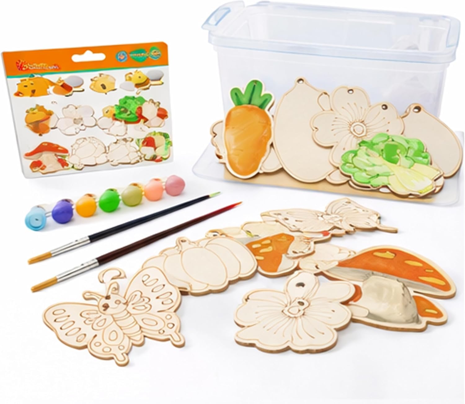 10 PCS Insect Wooden Cutouts for Painting + 10 Jute Twine Strings, Unfinished Butterfly Bee Ladybug Wood Craft