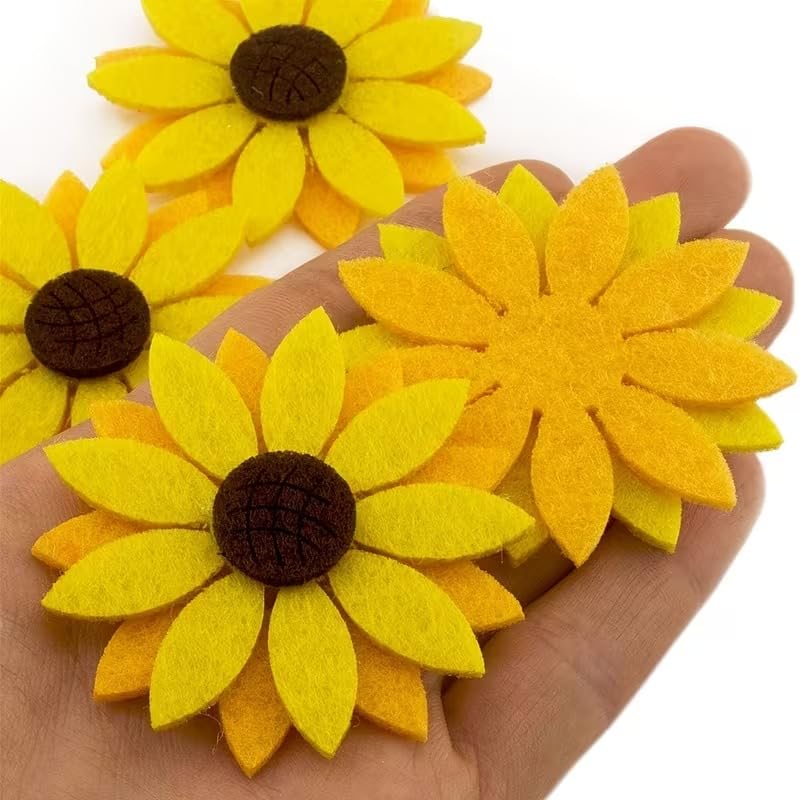 Curious Button 20 Pcs Felt Three-Layer Sunflower | DIY Felt Sunflower for Hair Clips, Hair Bands, Brooch Making, Sewing Crafts & Home Decoration, Felt Cutouts For Decorations, Sunflower Felt Cutouts - 2 Inch