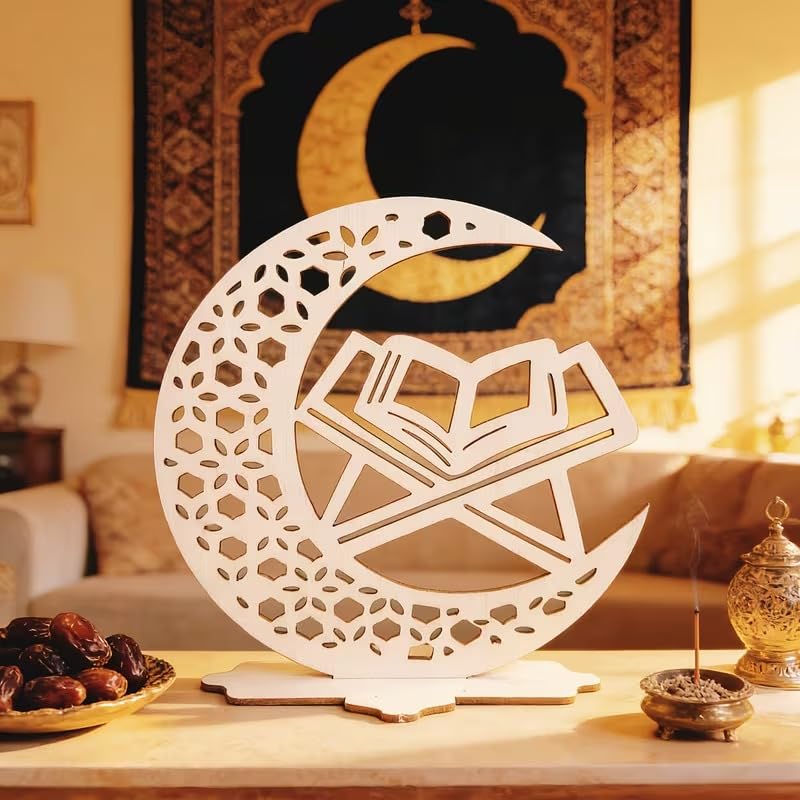 Wooden Tabletop Decor | Ramadan Eid Religious Ornaments with Mosque, Quran & Prayer Motifs | Muslim Home Holiday Decoration