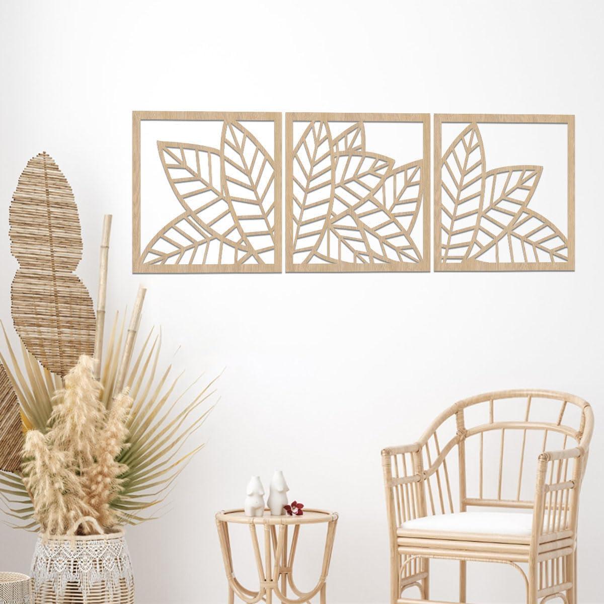Curious Button Unfinished Wooden Leaf Wooden Art Decor for Living Room Decor, Beautiful Leaf Design Pack of 3 Wooden Wall Panel for Home Decor, Office Decor (29cm) - Haoser