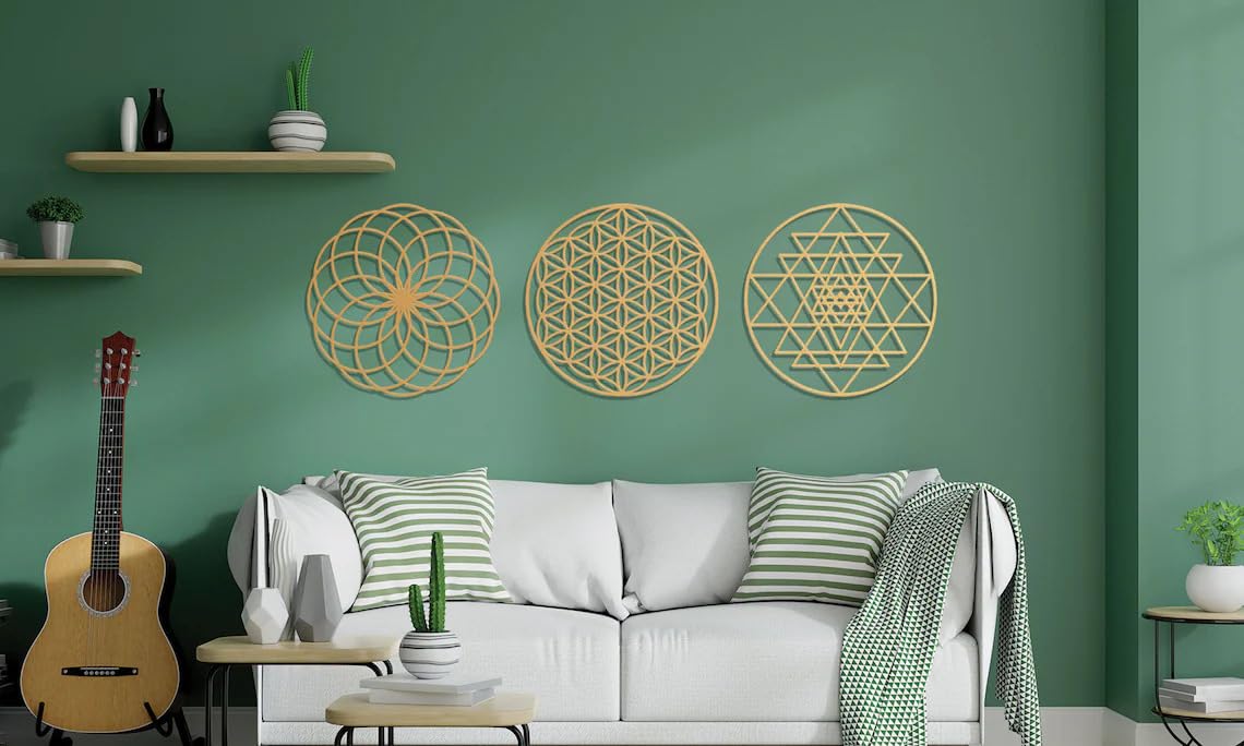 3 Pcs Sacred Geometry Wall Decor - 12 Inch Metal Wall Art Set | Flower of Life