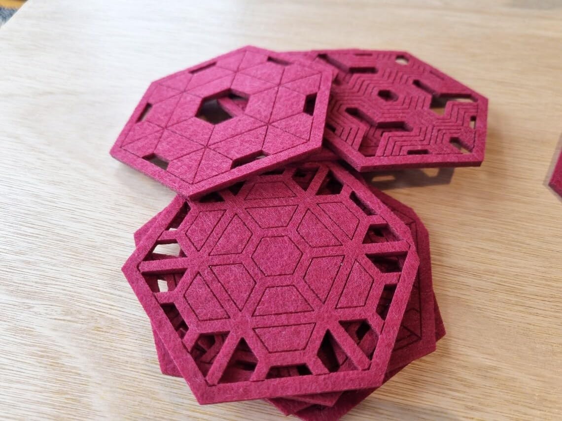 Geometric Felt Coasters – Set of 9 Red Hexagonal Felt Coasters | 4 Inch, Modern Drink Coasters for Table Decor & Furniture Surface Protectio