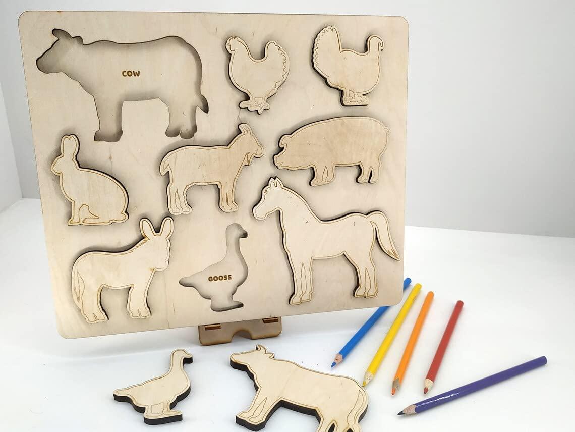 Haoser Wooden Farm Animal Puzzle, Educational Shape Puzzle Montessori Toy, Toddlers Study and Paint Learning Game. Personalized Gift for Kids Wooden, Puzzles for Kids. - Haoser