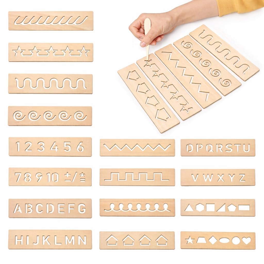 16 Pcs Wooden Tracing Board Set - Alphabet & Numbers Learning with Grooved Surface