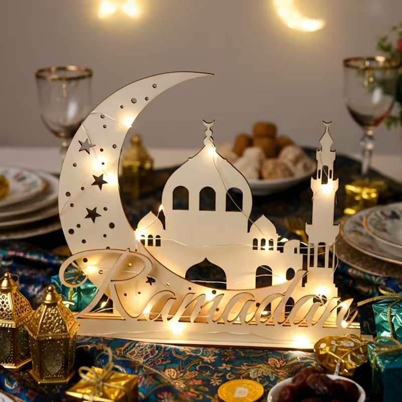 Ramadan Wooden Decorative Sign – Moon Castle 3D MDF Tabletop Ornament