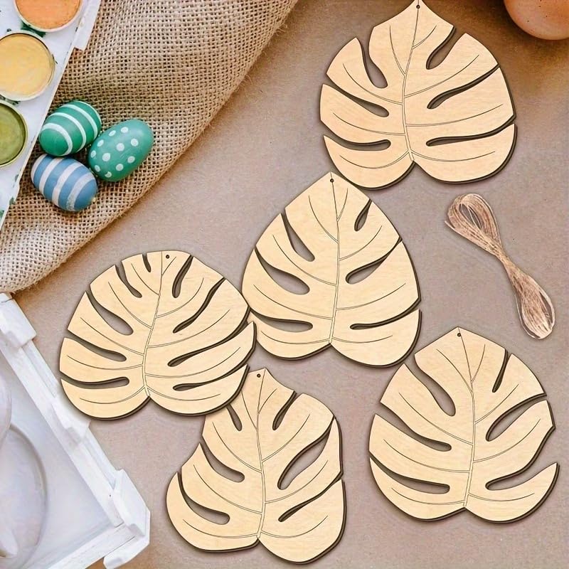 6 Pcs Palm Leaf MDF Wooden Hanging Cutouts with Rope | Tropical Leaf Craft Ornaments