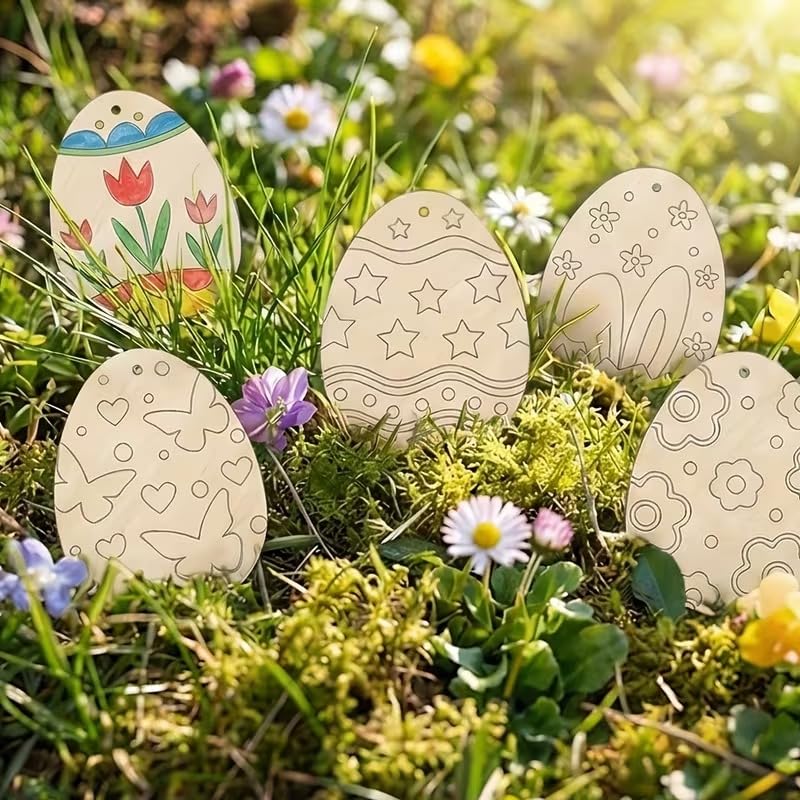 10 Pcs Easter Wooden Egg Ornaments Set | Blank Egg Shaped Wooden Cutouts with Rope for DIY Painting