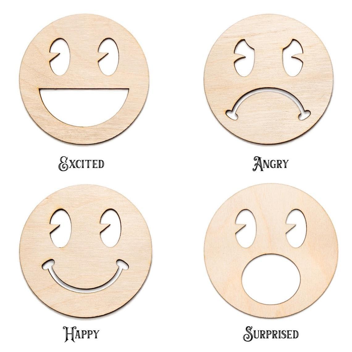 Curious Button Express Your Creativity with Unfinished Wooden Emoji Face Cutouts, Set of 4 Blank DIY Wood Shapes for Crafts, Painting, and Decorating - Ideal for Kids' Art Projects, and More - Haoser
